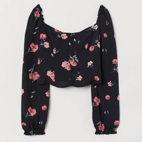 H&M Puff Sleeve Floral cropped Blouse Sweetheart - Picture 1 of 5